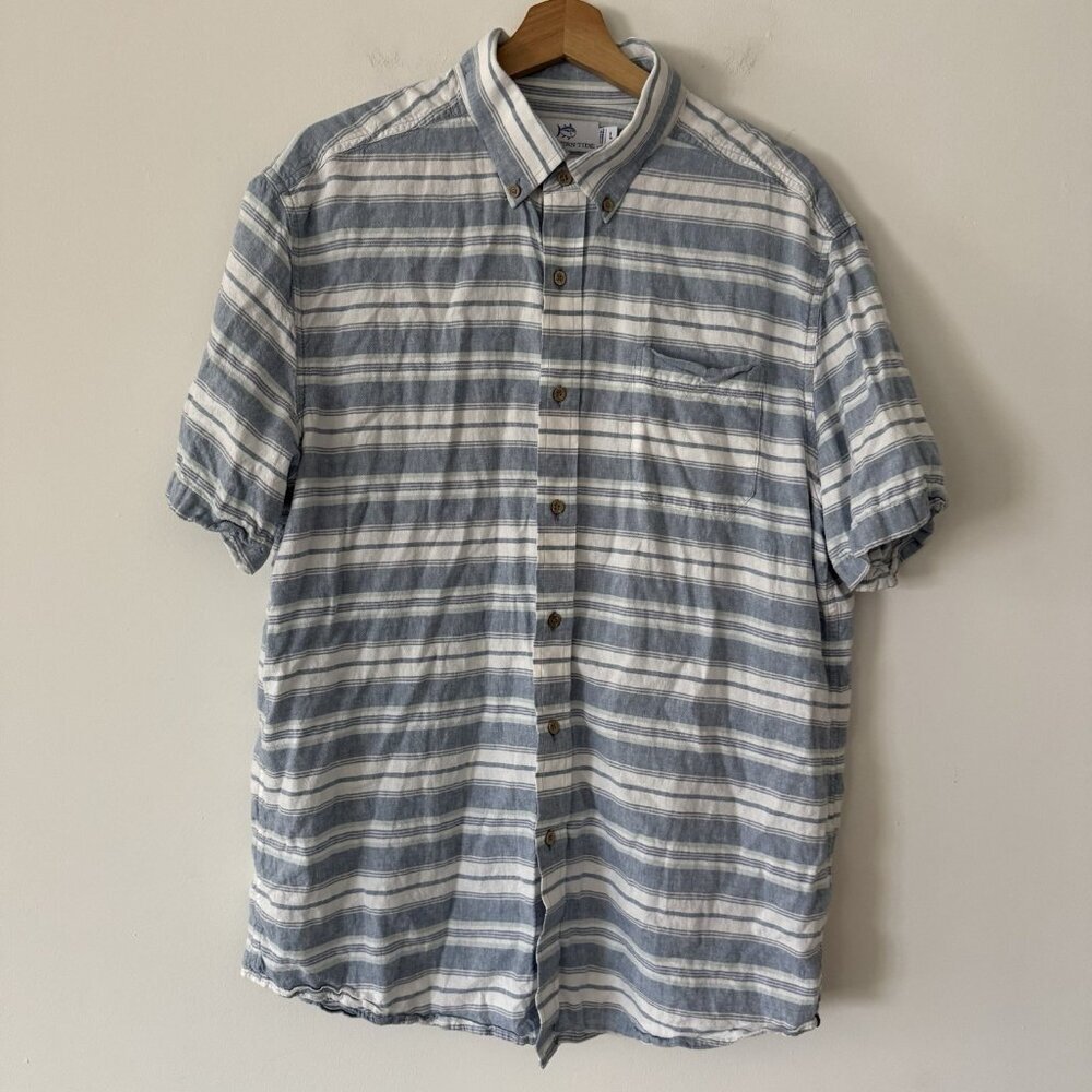 Southern Tide Short Sleeve Polo Shirt Blue Striped Linen Blend Preppy Resort